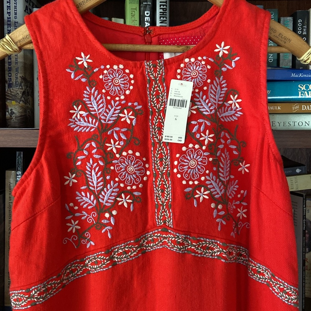 New! Anthropologie Aiko Embroidered Red Linen Blend Shift Dress Women's Size 6 - Picture 7 of 13